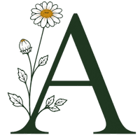 Σήμα Anthos Herbs με το γράμμα Α και κλαδί χαμομηλιού